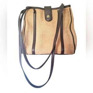 Etienne Aigner Woven Tan with Brown Trim Shoulder Tote Purse